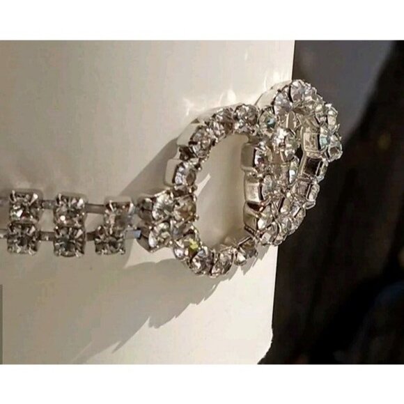 Vintage Silver Tone Infinity Bracelet CZ Rhinestones Encrusted Fold Over Clasp - Picture 7 of 10